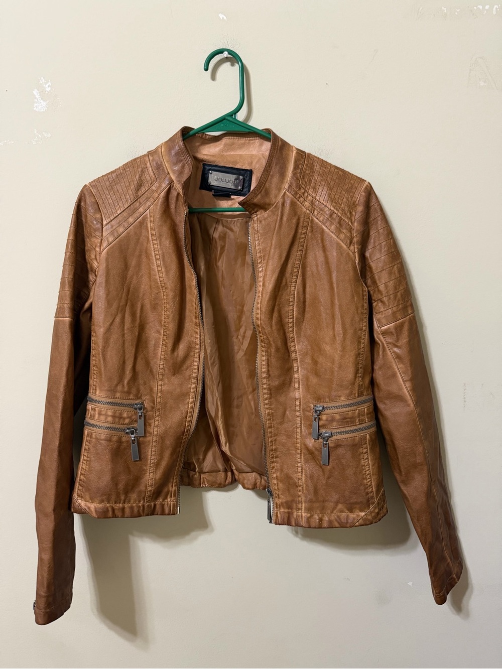 Jou Jou women’s small Faux Leather Moto Jacket camel biker edgy rocker punk euc